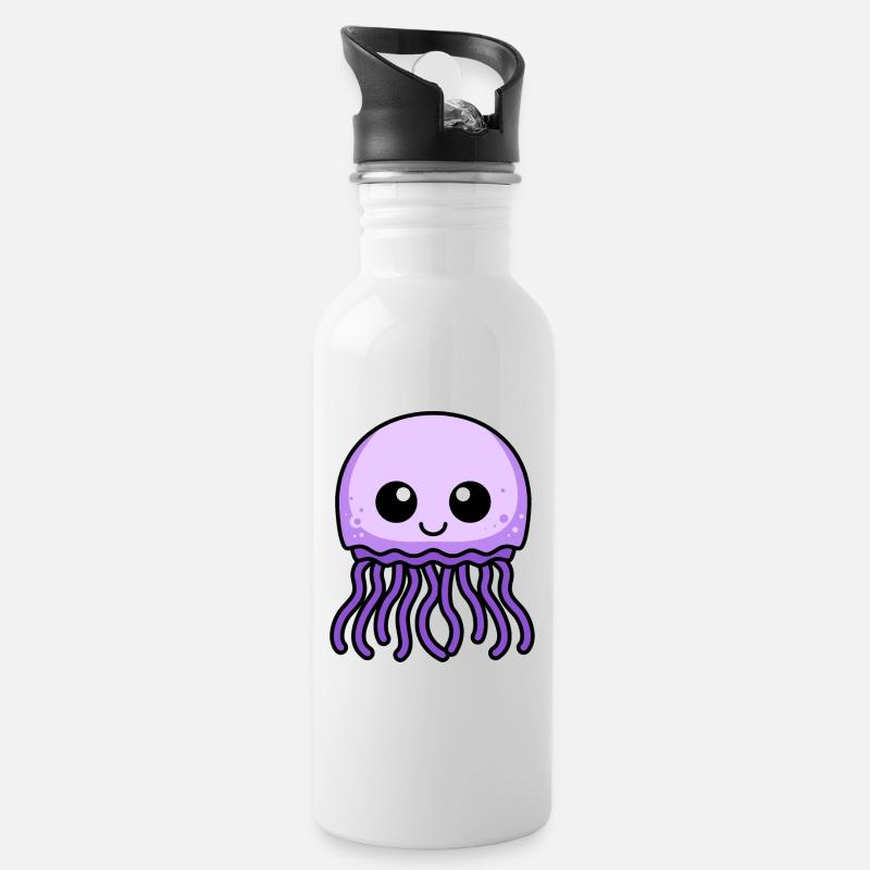 Qualle Comic Tier - Trinkflasche mit integriertem Trinkhalm - Weiß