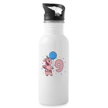 Mit Schwein - Kinder Geburtstag 9 Jahre - Trinkflasche mit integriertem Trinkhalm - Weiß - Rechts