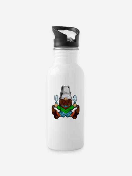Gartenzwerg bei der Gartenarbeit - Trinkflasche mit integriertem Trinkhalm - Weiß