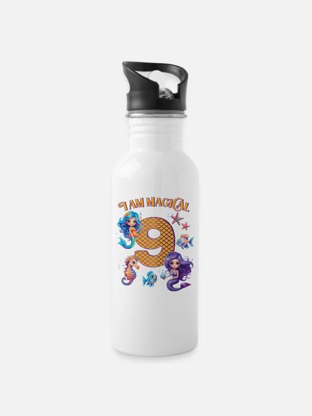 Mermaid Birthday 9 years - Water bottle with straw - white