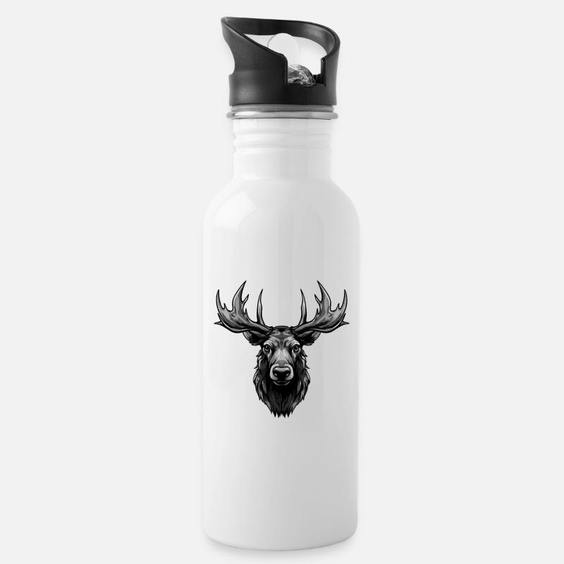 Elch Portrait - Trinkflasche mit integriertem Trinkhalm - Weiß