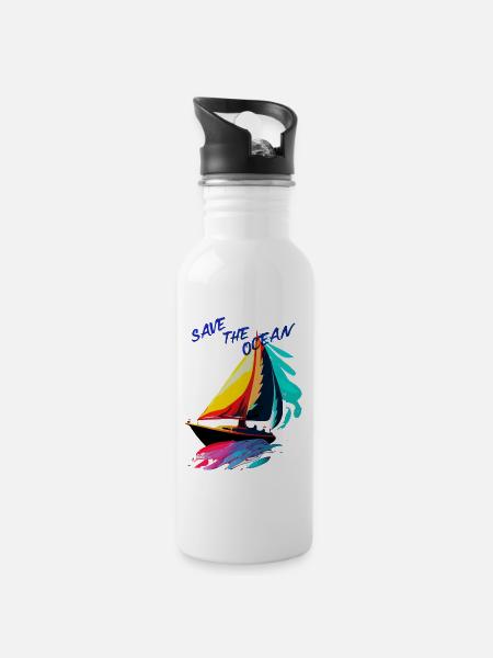 Save the Ocean. Sailing ship - Water bottle with straw - white