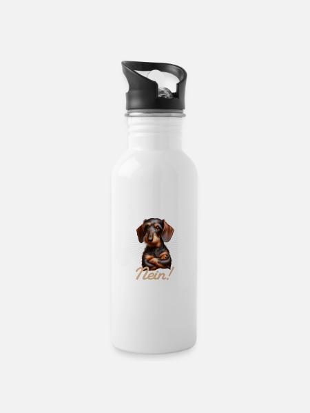 Bevor du fragst Nein! - Dackel Teckel - Trinkflasche mit integriertem Trinkhalm - Weiß