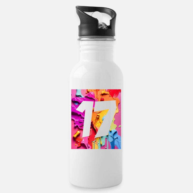 NR. 17 NUMMER 17 BUNT 17. GEBURTSTAG - Trinkflasche mit integriertem Trinkhalm - Weiß