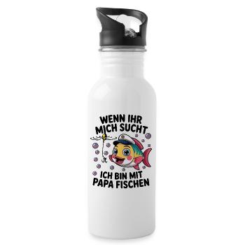 Fischen Angeln mit Papa und lustiger Spruch - Trinkflasche mit integriertem Trinkhalm - Weiß - Rechts