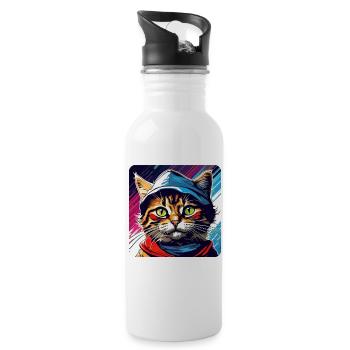 Coole getigerte Katze mit Mütze - Trinkflasche mit integriertem Trinkhalm - Weiß - Rechts