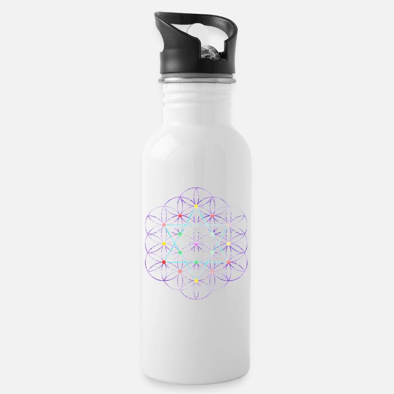 Blume des Lebens - free Metatronwürfel - Trinkflasche mit integriertem Trinkhalm - Weiß