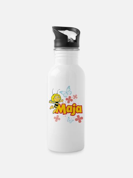 Biene Maja Pose mit Logo - Trinkflasche mit integriertem Trinkhalm - Weiß