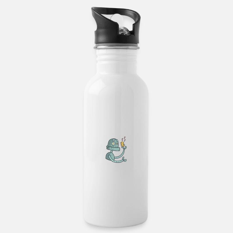 Roboter mit Vogel - Trinkflasche mit integriertem Trinkhalm - Weiß