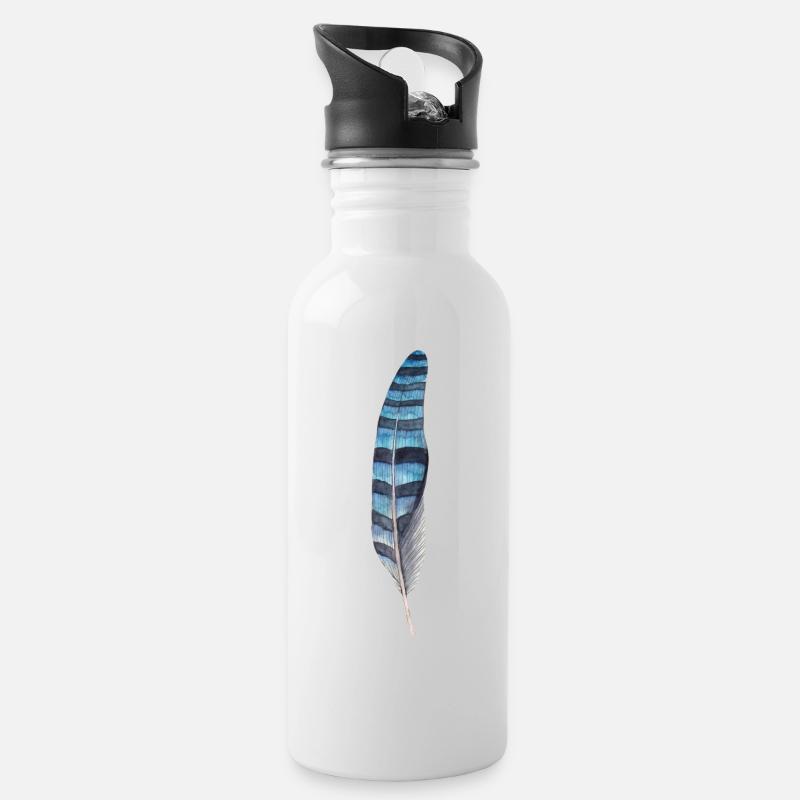 Schwarz Blaue Feder - Trinkflasche mit integriertem Trinkhalm - Weiß