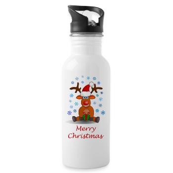 Frohe Weihnachten, Merry Christmas, Rentier, Elch - Trinkflasche mit integriertem Trinkhalm - Weiß - Rechts