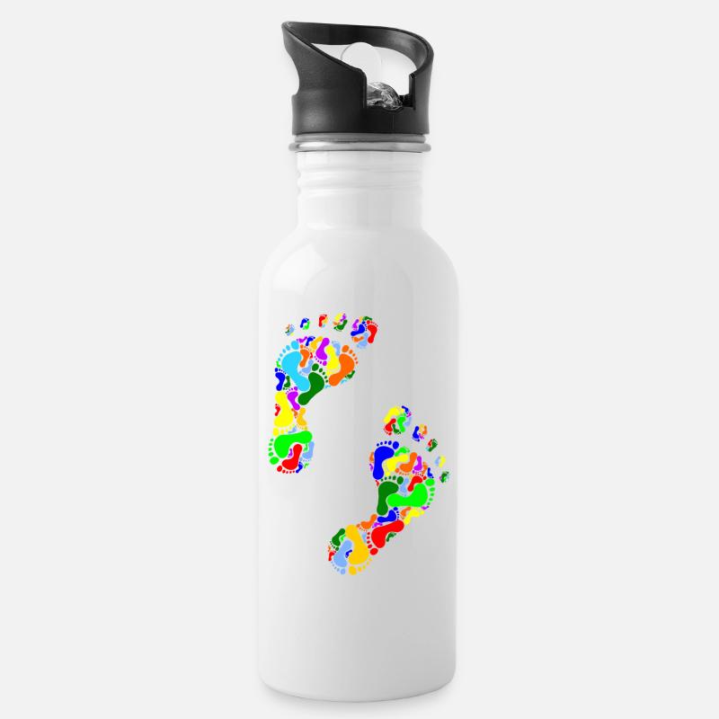 kunterbunte Fußabdrücke - Trinkflasche mit integriertem Trinkhalm - Weiß