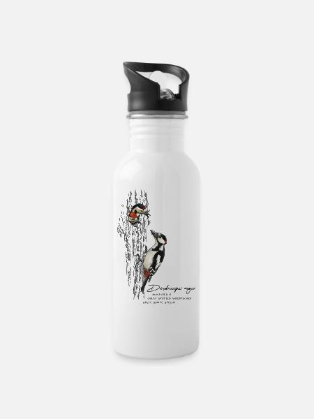 Buntspecht - Trinkflasche mit integriertem Trinkhalm - Weiß