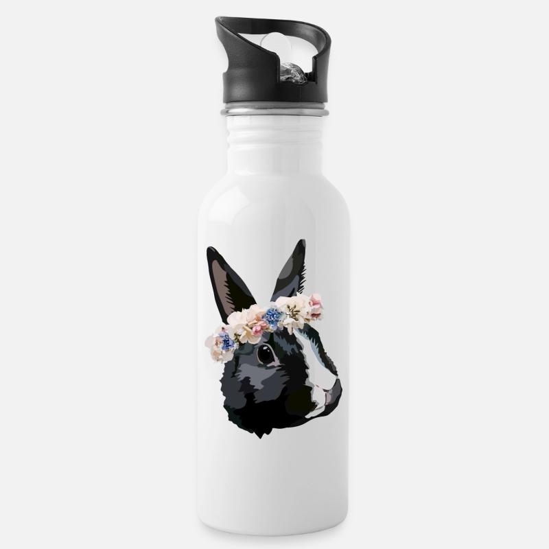 rabbit with flower wreath - Water bottle with straw - white