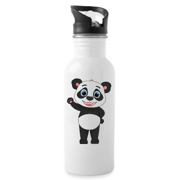 "Hi everyone!" Süß winkender Comic Panda - Trinkflasche mit integriertem Trinkhalm - Weiß - Rechts
