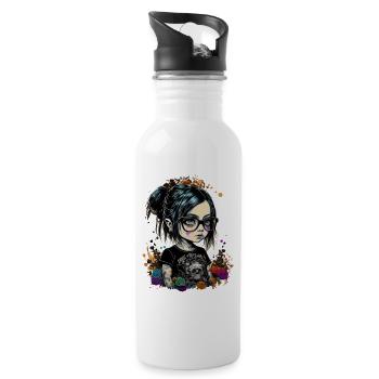 Cartoon Little Girl with Glasses - Water bottle with straw - white - Right