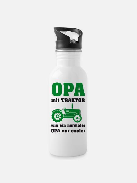 Opa mit Traktor - Trinkflasche mit integriertem Trinkhalm - Weiß