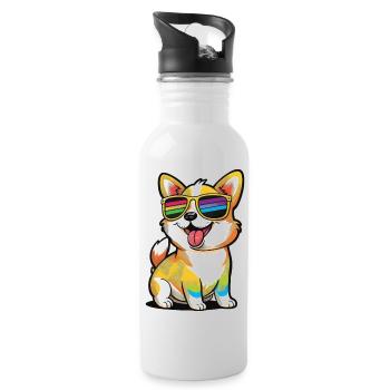 Kawaii Cute Happy Dog with Sunglasses - Water bottle with straw - white - Right