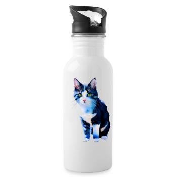 Domestic short-haired cat waits for owner - Water bottle with straw - white - Right