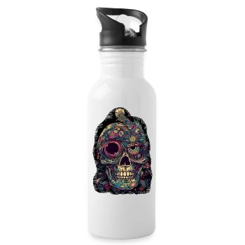 Surrealistischer, psychedelischer Totenkopf - Trinkflasche mit integriertem Trinkhalm - Weiß - Rechts