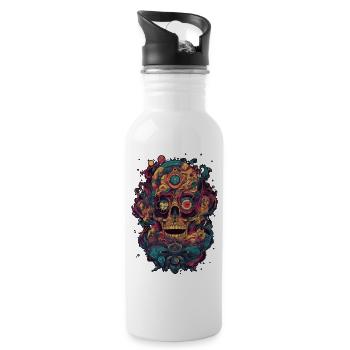 Surrealistischer, psychedelischer Totenkopf - Trinkflasche mit integriertem Trinkhalm - Weiß - Rechts