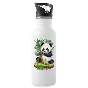 Panda Bär ißt Bambus - Trinkflasche mit integriertem Trinkhalm - Weiß - Rechts