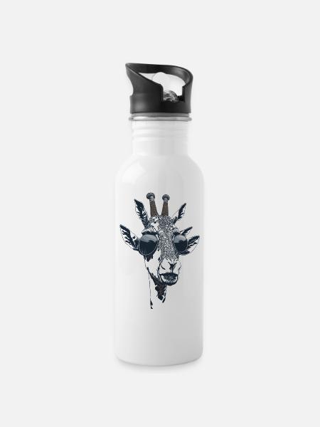 The portrait of a giraffe with sunglasses - Water bottle with straw - white