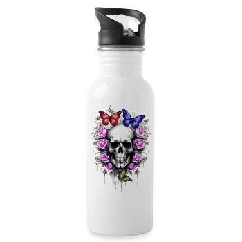 Totenkopf mit Rosen und Schmetterlingen farbig - Trinkflasche mit integriertem Trinkhalm - Weiß - Rechts