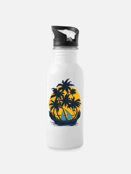 Sonnenuntergang am Palmenboot - Trinkflasche mit integriertem Trinkhalm - Weiß