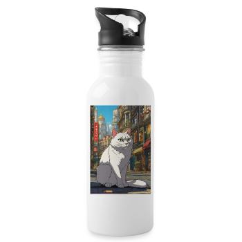 Kleine Katze in Großer Stadt I - Trinkflasche mit integriertem Trinkhalm - Weiß - Rechts