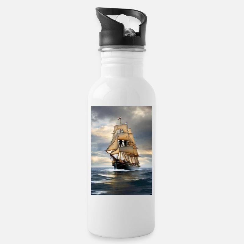 Sailing ship - Water bottle with straw - white