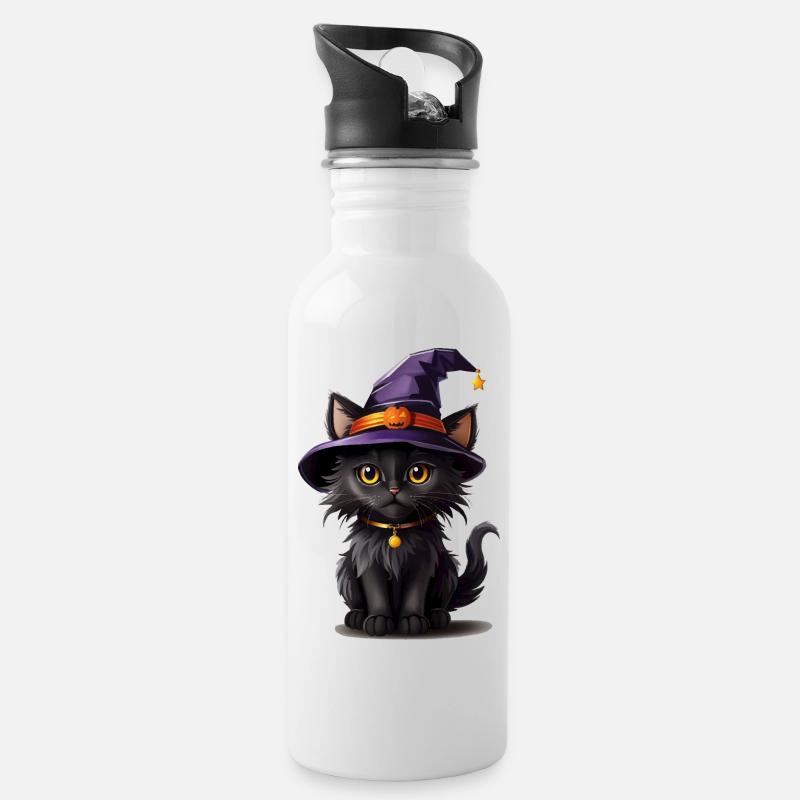 Helloween Kürbis Katze - Trinkflasche mit integriertem Trinkhalm - Weiß