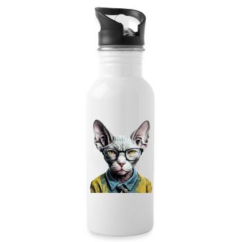 Hipster-Katze Ziggy - Trinkflasche mit integriertem Trinkhalm - Weiß - Rechts