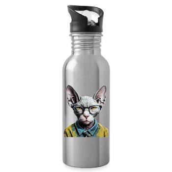 Hipster-Katze Ziggy - Trinkflasche mit integriertem Trinkhalm - Lightsilver - Rechts