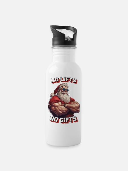 Krasser Santa - No Lifts no Gifts - Trinkflasche mit integriertem Trinkhalm - Weiß