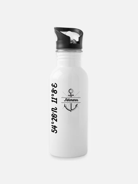 Koordinaten Design Fehmarn - Trinkflasche mit integriertem Trinkhalm - Weiß