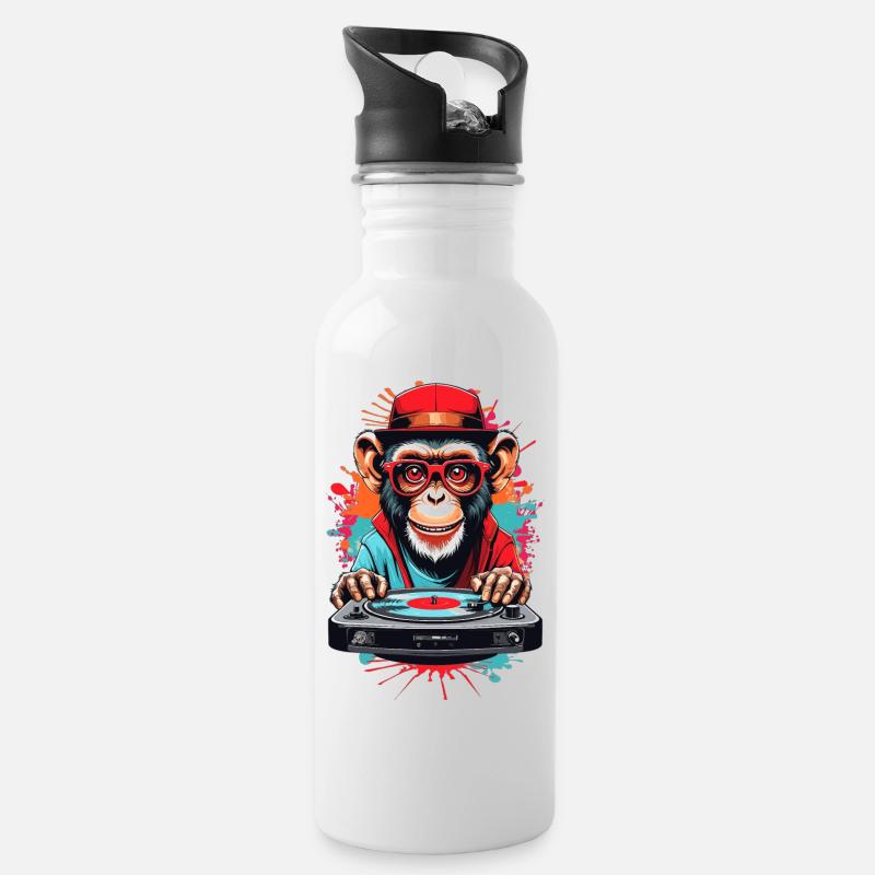 Affen DJ - Trinkflasche mit integriertem Trinkhalm - Weiß
