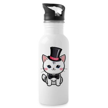 Chat blanc avec un chapeau et nœud papillon - Gourde avec paille intégrée - blanc - Droite