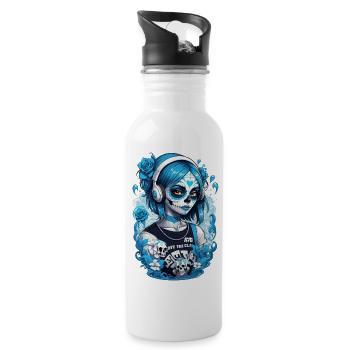 Sugar Skull Girl with Headphones and Blue Roses - Water bottle with straw - white - Right