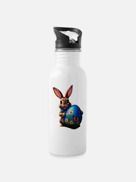 Little Easter Bunny with Blue Easter Egg - Water bottle with straw - white