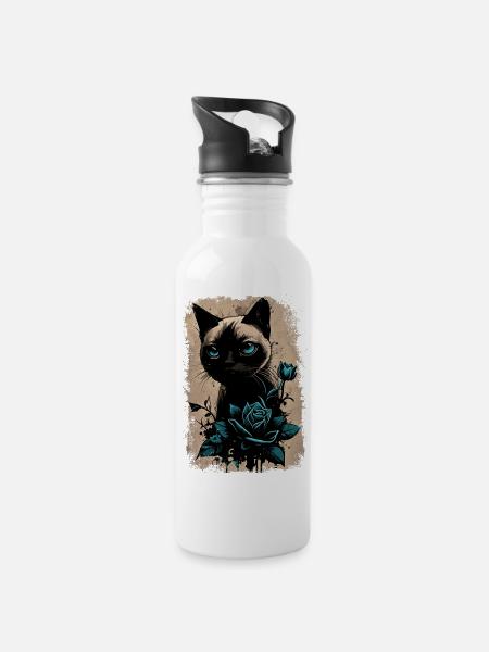Siamkatze mit Blume - Trinkflasche mit integriertem Trinkhalm - Weiß