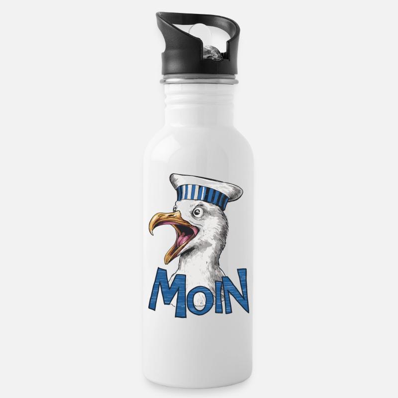 Moin Möwe - Trinkflasche mit integriertem Trinkhalm - Weiß