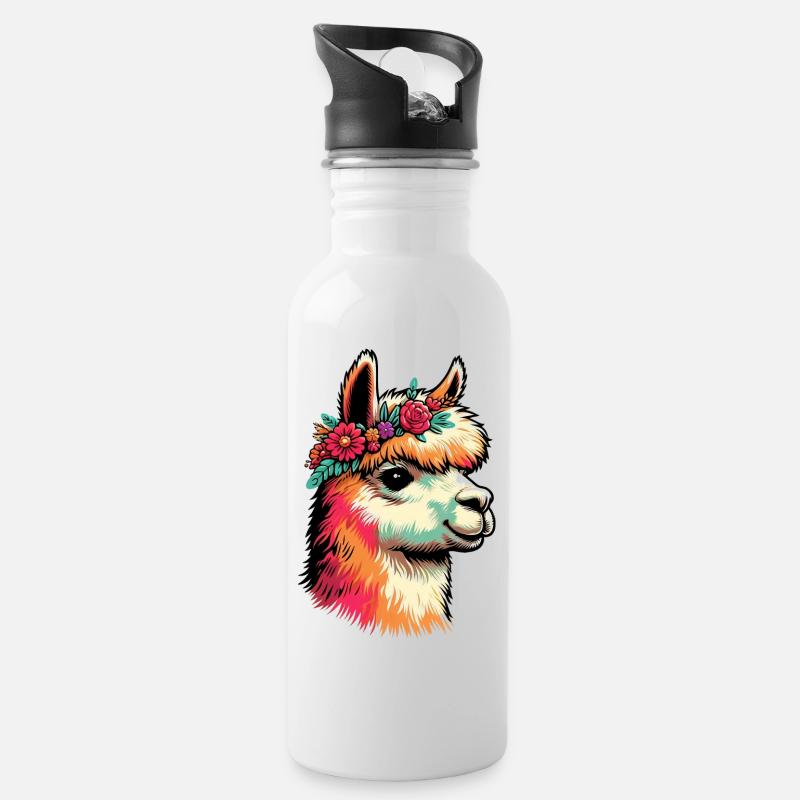 Alpaka - Trinkflasche mit integriertem Trinkhalm - Weiß