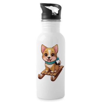 Lustiger Hund mit Schlitten - Trinkflasche mit integriertem Trinkhalm - Weiß - Rechts