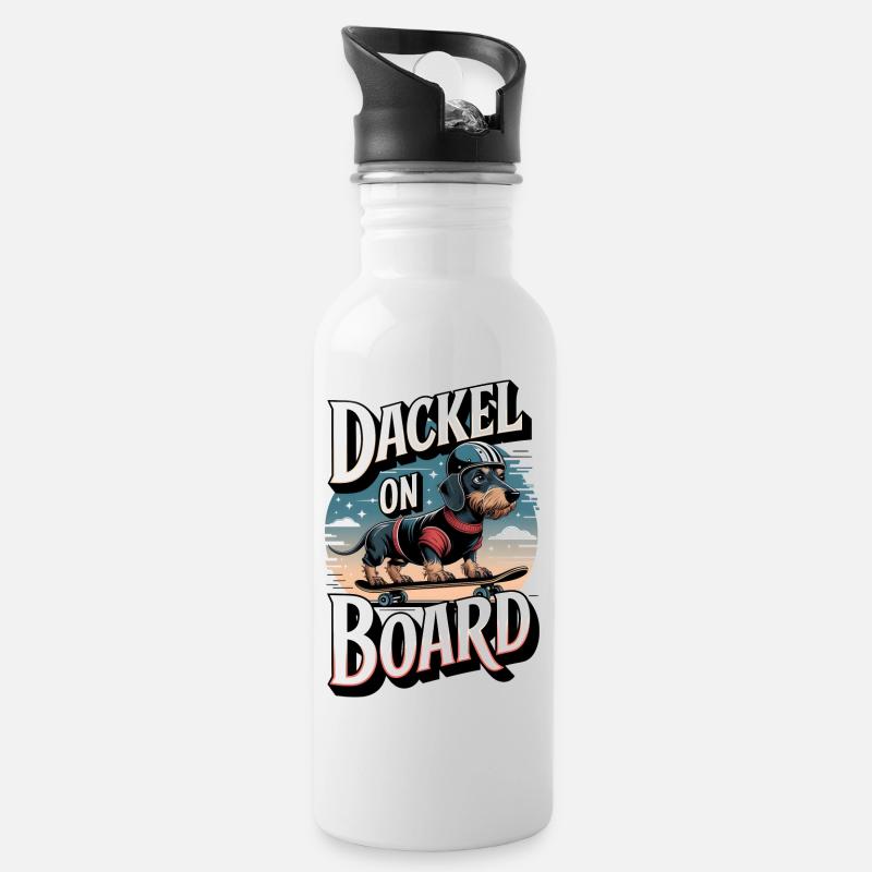 Dachshund on board Wire-haired dachshund on the skateboard - Water bottle with straw - white