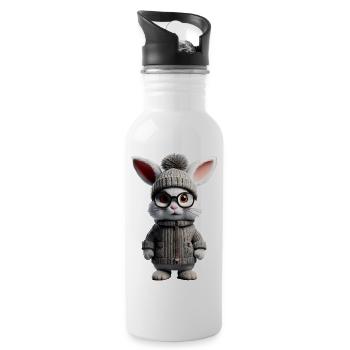 A cute little rabbit with a knitted vest - Water bottle with straw - white - Right