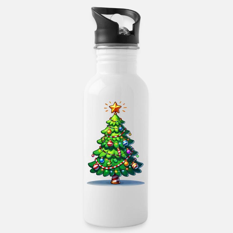 Tannenbaum - Trinkflasche mit integriertem Trinkhalm - Weiß