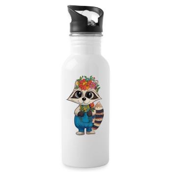 Flower Wreath Raccoon - Water bottle with straw - white - Right