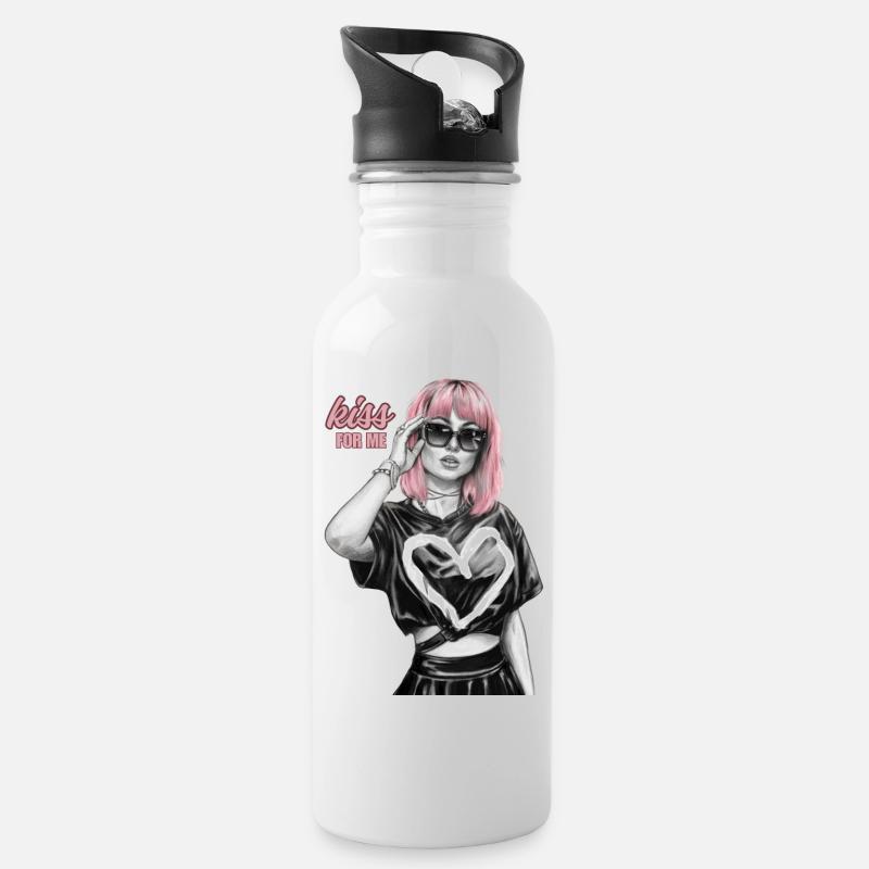 kiss for me - Trinkflasche mit integriertem Trinkhalm - Weiß