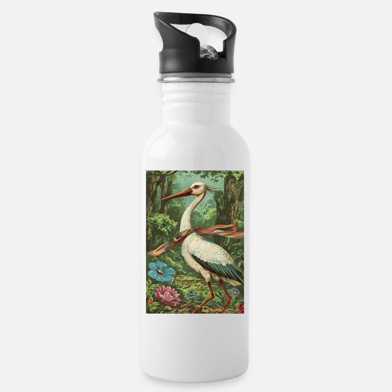 Vintage Stork - Trinkflasche mit integriertem Trinkhalm - Weiß